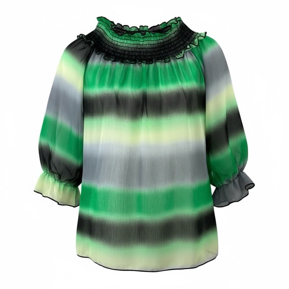 Vintage 80s 90s Don Luce Peasant Blouse Green Black Ombre Gradient Sheer Top S